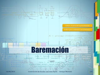 <<- las emociones, los pensamientos,
las esperanzas, las opiniones…
probablemente no puedan medirse
directamente, sin embargo, pueden
obtenerse aproximaciones útiles para
su estudio.
)”}
)^n}
.
Baremación
18/08/2016 Construcción de Escalas: una vista rápida - Enrique Morosini 125
Volver al inicio de la presentación
Volver para continuar con la lectura…
 