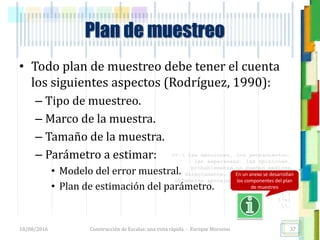 <<- las emociones, los pensamientos,
las esperanzas, las opiniones…
probablemente no puedan medirse
directamente, sin embargo, pueden
obtenerse aproximaciones útiles para
su estudio.
)”}
)^n}
.
Construcción de Escalas: una vista rápida - Enrique Morosini
• Todo plan de muestreo debe tener el cuenta
los siguientes aspectos (Rodríguez, 1990):
– Tipo de muestreo.
– Marco de la muestra.
– Tamaño de la muestra.
– Parámetro a estimar:
• Modelo del error muestral.
• Plan de estimación del parámetro.
18/08/2016
Plan de muestreo
37
En un anexo se desarrollan
los componentes del plan
de muestreo
 