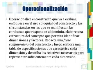 <<- las emociones, los pensamientos,
las esperanzas, las opiniones…
probablemente no puedan medirse
directamente, sin embargo, pueden
obtenerse aproximaciones útiles para
su estudio.
)”}
)^n}
.
Operacionalización
• Operacionalice el constructo que va a evaluar,
enfóquese en el uso coloquial del constructo y las
circunstancias en las que se manifiestan las
conductas que responden al dominio, elabore una
estructura del concepto que permita identificar
dimensiones y factores. Redacte una frase
configurativa del constructo y luego elabore una
tabla de especificaciones que caracterice cada
dimensión y describa los reactivos necesarios para
representar suficientemente cada dimensión.
18/08/2016 Construcción de Escalas: una vista rápida - Enrique Morosini 5
 