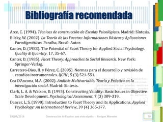 <<- las emociones, los pensamientos,
las esperanzas, las opiniones…
probablemente no puedan medirse
directamente, sin embargo, pueden
obtenerse aproximaciones útiles para
su estudio.
)”}
)^n}
.
Bibliografía recomendada
Arce, C. (1994). Técnicas de construcción de Escalas Psicológicas. Madrid: Síntesis.
Bilsky, W. (2002). La Teoría de las Facetas: Informaciones Básicas y Aplicaciones
Paradigmáticas. Paraíba, Brasil: Autor.
Canter, D. (1983). The Potential of Facet Theory for Applied Social Psychology.
Quality & Quantity, 17, 35-67.
Canter, D. (1985). Facet Theory. Approaches to Social Research. New York:
Springer-Verlag.
Carretero-Dios, H. y Pérez, C. (2005). Normas para el desarrollo y revisión de
estudios instrumentales. IJCHP, 5 (3) 521-551.
Cea D’Ancona, M.A. (2002). Análisis Multivariable. Teoría y Práctica en la
investigación social. Madrid: Síntesis.
Clark, L. A. & Watson, D. (1995). Constructing Validity: Basic Issues in Objective
Scale Development. Psychological Assessment, 7 (3) 309-319.
Dancer, L. S. (1990). Introduction to Facet Theory and its Applications. Applied
Psychology: An International Review, 39 (4) 365-377.
18/08/2016 Construcción de Escalas: una vista rápida - Enrique Morosini 50
 