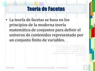 <<- las emociones, los pensamientos,
las esperanzas, las opiniones…
probablemente no puedan medirse
directamente, sin embargo, pueden
obtenerse aproximaciones útiles para
su estudio.
)”}
)^n}
.
Teoría de Facetas
• La teoría de facetas se basa en los
principios de la moderna teoría
matemática de conjuntos para definir el
universo de contenidos representado por
un conjunto finito de variables.
18/08/2016 Construcción de Escalas: una vista rápida - Enrique Morosini 57
 