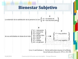 <<- las emociones, los pensamientos,
las esperanzas, las opiniones…
probablemente no puedan medirse
directamente, sin embargo, pueden
obtenerse aproximaciones útiles para
su estudio.
)”}
)^n}
.
Bienestar Subjetivo
Levy, S. and Guttman, L. On the multivariate structure of wellbeing.
Social Indicators Research, 1975, 2, 361-388.
18/08/2016 Construcción de Escalas: una vista rápida - Enrique Morosini 66
 
