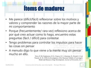 <<- las emociones, los pensamientos,
las esperanzas, las opiniones…
probablemente no puedan medirse
directamente, sin embargo, pueden
obtenerse aproximaciones útiles para
su estudio.
)”}
)^n}
.
Ítems de madurez
• Me parece (difícil/fácil) reflexionar sobre los motivos y
valores y comprender las razones de la mayor parte de
mi comportamiento
• Porque (frecuentemente/ rara vez) reflexiono acerca de
por qué creo actuar como lo hago, encuentro estas
preguntas (fácil / difícil) para contestar.
• Tengo problemas para controlar los impulsos para hacer
las cosas sin pensar
• A menudo digo lo que viene a la mente muy sin pensar
mucho en ello.
18/08/2016 Construcción de Escalas: una vista rápida - Enrique Morosini 99
Novy, D. M, Frankiewicz, R. G., Francis, D. J., Liberman, D., Overall, J. E. &
Vincent, K. R. (1994) An Investigation of the Structural Validity of Loevinger's
Model and Measure of Ego Development. Journal of Personality, 62, 1.
 