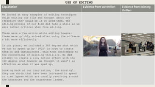 USE OF EDITING
Explanation Evidence from our thriller Evidence from existing
thrillers
We looked at many examples of editing techniques
while editing our film and thought about how
effective they would be if we used them. The
editing process of our film did take a while as we
were rather critical when fine editing.
There were a few errors while editing however
these were quickly solved after using the software
a bit more efficiently.
In our piece, we included a 360 degree shot which
we had to speed up by '100X' in hope to create
tension and unstableness. This then conforming to
the conventions of existing thrillers. We did
attempt to create a slow motion effect with the
360 degree shot however we thought it wasn’t as
effective as when it was sped up.
Looking back at our inspiration, 'the missing',
they use shots that have been increased in speed
or time lapses which are usually revolving around
the character and the characters issues.
 