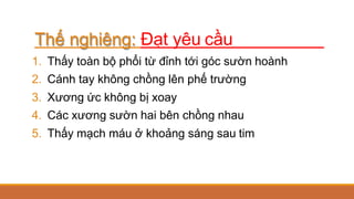 Thế nghiêng: Đạt yêu cầu
1. Thấy toàn bộ phổi từ đỉnh tới góc sườn hoành
2. Cánh tay không chồng lên phế trường
3. Xương ức không bị xoay
4. Các xương sườn hai bên chồng nhau
5. Thấy mạch máu ở khoảng sáng sau tim
 