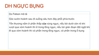 DH NGỰC BỤNG
Do Felson mô tả
Góc sườn hoành sau đi xuống sâu hơn đáy phổi phía trước
Tổn thương nằm ở phần thấp của vùng ngực, nếu bờ dưới còn rõ khi
vượt qua vòm hoành thì ở trong lồng ngực, nếu bờ gián đoạn đột ngột khi
đi qua vòm hoành thì có phần trong lồng ngực, có phần trong ổ bụng
 