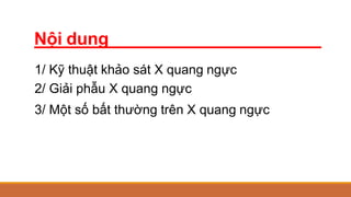 Nội dung
1/ Kỹ thuật khảo sát X quang ngực
2/ Giải phẫu X quang ngực
3/ Một số bất thường trên X quang ngực
 