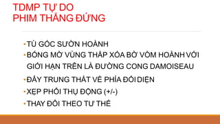 TDMP TỰ DO
PHIM THẲNG ĐỨNG
•TÙ GÓC SƯỜN HOÀNH
•BÓNG MỜ VÙNG THẤP XÓA BỜ VÒM HOÀNH VỚI
GIỚI HẠN TRÊN LÀ ĐƯỜNG CONG DAMOISEAU
•ĐẨY TRUNG THẤT VỀ PHÍA ĐỐIDIỆN
•XẸP PHỔI THỤ ĐỘNG (+/-)
•THAY ĐỔI THEO TƯ THẾ
 