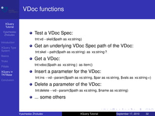 VDoc functions

    XQuery
    Tutorial
 Vyacheslav
  Zholudev
                           Test a VDoc Spec:
                           tnt:vd −skel($path as xs:string)
Introduction

XQuery Type
                           Get an underlying VDoc Spec path of the VDoc:
System
                           tnt:skel −path($path as xs:string) as xs:string ?
Basics

Tricks
                           Get a VDoc:
Pitfalls
                           tnt:vdoc($path as xs:string ) as item()
XQuery in                  Insert a parameter for the VDoc:
TNTBase
                           tnt:ins −vd−param($path as xs:string, $par as xs:string, $vals as xs:string +)
Conclusion
                           Delete a parameter of the VDoc:
                           tnt:delete −vd−param($path as xs:string, $name as xs:string)

                           ... some others


               Vyacheslav Zholudev                       XQuery Tutorial         September 17, 2010   32
 