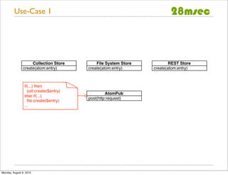 Use-Case 1




                     Collection Store        File System Store           REST Store
                create(atom:entry)       create(atom:entry)      create(atom:entry)



                 if(...) then
                   coll:create($entry)
                                                  AtomPub
                 else if(...)
                                         post(http:request)
                   ﬁle:create($entry)
                 ...




Monday, August 9, 2010
 