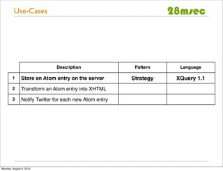 Use-Cases




                              Description                Pattern    Language

        1      Store an Atom entry on the server        Strategy   XQuery 1.1
        2      Transform an Atom entry into XHTML
        3      Notify Twitter for each new Atom entry




Monday, August 9, 2010
 