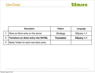 Use-Cases




                              Description                 Pattern     Language

        1      Store an Atom entry on the server         Strategy    XQuery 1.1
        2      Transform an Atom entry into XHTML       Translator   XQuery 1.1
        3      Notify Twitter for each new Atom entry




Monday, August 9, 2010
 