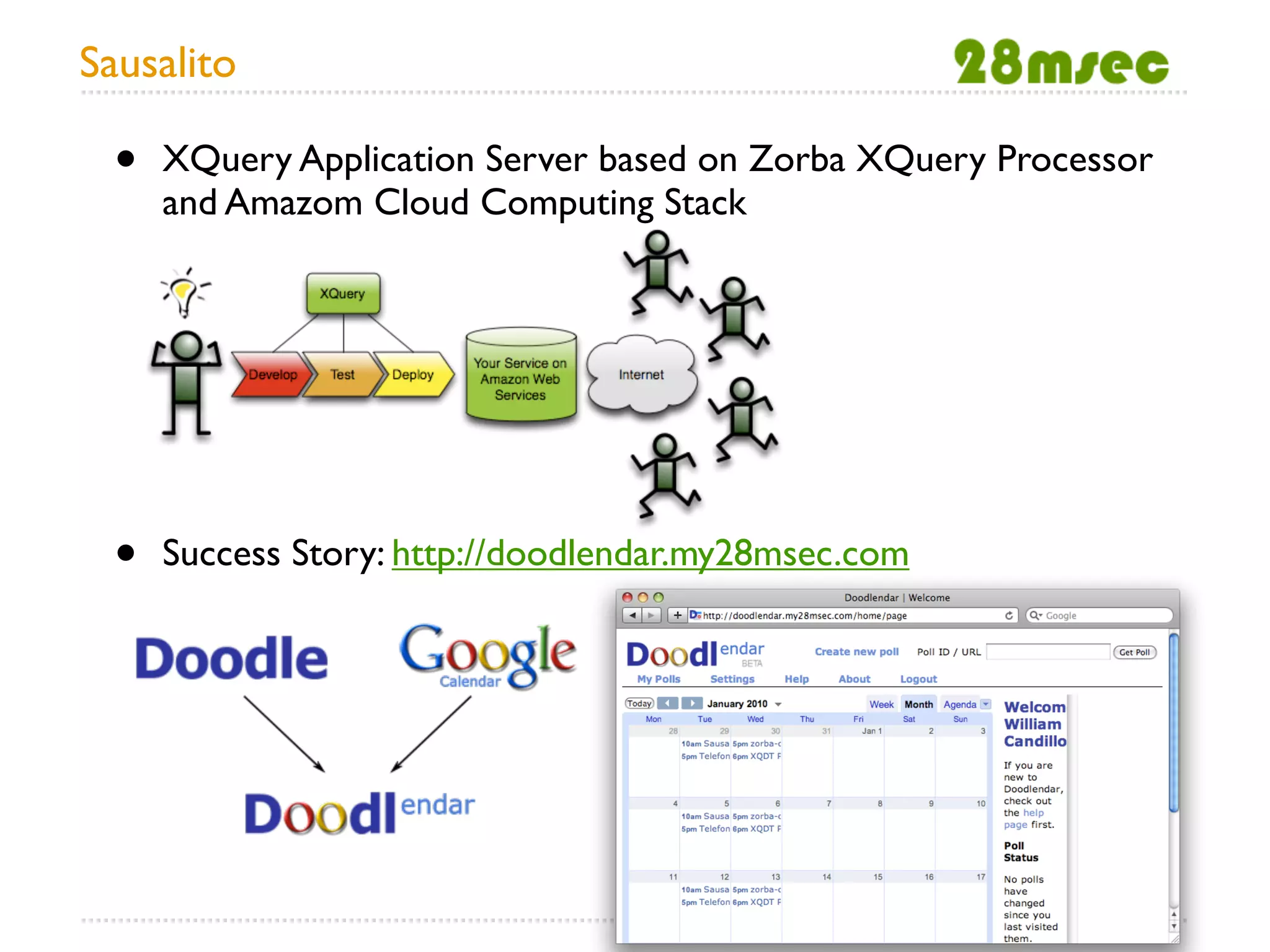 Sausalito

 •   XQuery Application Server based on Zorba XQuery Processor
     and Amazom Cloud Computing Stack




 •   Success Story: http://doodlendar.my28msec.com
 