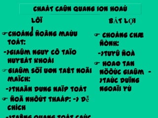 CHAÁT CAÛN QUANG ION HOAÙ
LÔÏ
BẤT LỢI
I
Choáng ñoâng maùu
 Choáng chæ
toát:
ñònh:
->giaûm nguy cô taïo
->tuyû ñoà
huyeát khoái
 Hoaø tan
Giaûm söï uøn taét noäi nöôùc giaûm maïch:
>taùc duïng
ngoaïi yù
->thaän dung naïp toát
 Ñoä nhôùt thaáp: -> dễ
chích

 