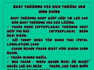 BAÁT THÖÔØNG VEÀ KÍCH THÖÔÙC VAØ
HÌNH DAÏNG
Baát thöôøng naøy gaëp vôùi tæ leä cao
hôn baát thöôøng veà soá löôïng.
 Thaän nhoû (hypoplasia): thöôøng keát
hôïp phì ñaïi
(hyperplasia) beân
ñoái dieän.
 Söï thuøy hoùa töø baøo thai (fetal
lobulation) caàn
chaån ñoaùn phaân bieät vôùi giaûm saûn
ñoaïn.
 Thaän moùng ngöïa.
 Beå thaän ‟ nieäu quaûn ñoâi: ôû moät
hoaëc caû hai beân
thaän, coù theå baùn

 
