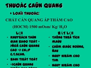THUOÁC CAÛN QUANG
+ Loaïi thuoác:
CHẤT CẢN QUANG ÁP THẨM CAO

(HOCM) 1500 mOsm/ Kg/ H2O
LỢI

„ Khuyeách taùn
gian baøo toát >ñoä caûn quang
cao -> chụp
C.T.Scan.
„ Baøi tieát toát
„ ->caûn quang

BẤT LỢI

„ Taêng theå tích
maùu
„ Caûm giaùc noùng,
ñau
„ Nguy hieåm cho
tim
„ Nguy hieåm cho

 
