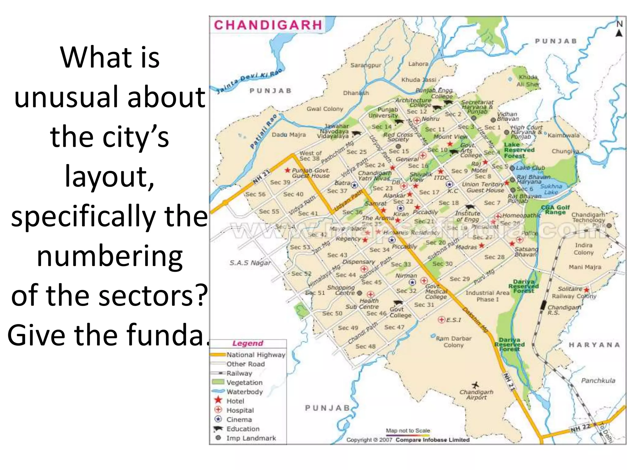 What is
unusual about
   the city’s
    layout,
specifically the
  numbering
of the sectors?
Give the funda.
 