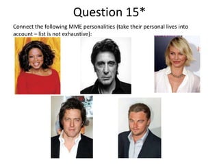 Question 15*
Connect the following MME personalities (take their personal lives into
account – list is not exhaustive):

 