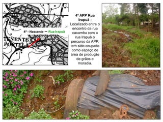 4ª - Nascente – Rua Irapuã
4ª APP Rua
Irapuã -
Localizado entre o
encontro da rua
caxambu com a
rua Irapuã o
percurso da APP,
tem sido ocupado
como espaço de
área de produção
de grãos e
moradia.
 