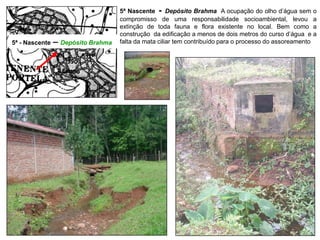 5ª Nascente - Depósito Brahma A ocupação do olho d’água sem o
compromisso de uma responsabilidade socioambiental, levou a
extinção de toda fauna e flora existente no local. Bem como a
construção da edificação a menos de dois metros do curso d’água e a
falta da mata ciliar tem contribuído para o processo do assoreamento5ª - Nascente – Depósito Brahma
 