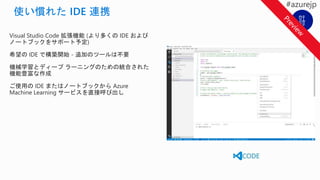 Visual Studio Code 拡張機能 (より多くの IDE および
ノートブックをサポート予定)
希望の IDE で構築開始 - 追加のツールは不要
機械学習とディープ ラーニングのための統合された
機能豊富な作成
ご使用の IDE またはノートブックから Azure
Machine Learning サービスを直接呼び出し
 