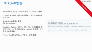HTTP サービスとしてモデルをデプロイおよび管理
リアルタイムおよびバッチ処理をコンテナーベース
でホスト
Azure による管理と監視
(例: AppInsights)
SparkML、Python、CNTK、TF、TLC、R の最高クラ
スのサポート、その他 (Caffe、MXnet) をサポートす
るよう拡張可能
Python および .NET Core でのサービス作成
 