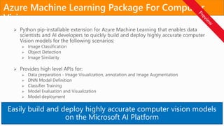 Easily build and deploy highly accurate computer vision models
on the Microsoft AI Platform
Azure Machine Learning Package For Computer
Vision
 