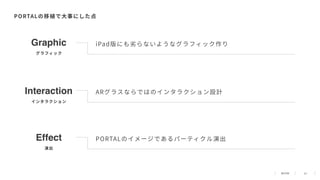 15
Interaction
インタラクション
Graphic
グラフィック
Effect
演出
PORTALの移植で⼤事にした点
iPad版にも劣らないようなグラフィック作り
ARグラスならではのインタラクション設計
PORTALのイメージであるパーティクル演出
 