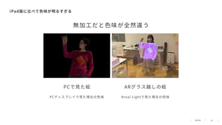 19
iPad版に⽐べて⾊味が明るすぎる
PCで⾒た絵 ARグラス越しの絵
PCディスプレイで⾒た場合の⾊味 Nreal Lightで⾒た場合の⾊味
無加⼯だと⾊味が全然違う
 