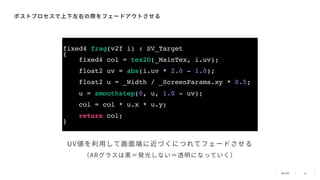 27
ポストプロセスで上下左右の際をフェードアウトさせる
fixed4 frag(v2f i) : SV_Target
{
fixed4 col = tex2D(_MainTex, i.uv);
float2 uv = abs(i.uv * 2.0 - 1.0);
float2 u = _Width / _ScreenParams.xy * 0.5;
u = smoothstep(0, u, 1.0 - uv);
col = col * u.x * u.y;
return col;
}
UV値を利⽤して画⾯端に近づくにつれてフェードさせる
（ARグラスは黒＝発光しない＝透明になっていく）
 