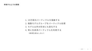 33
移植する上での課題
1. 10万弱のパーティクルを描画する
2. 複数モデルグループをパーティクル処理
3. モデル以外の形状にも変化する
4. 常に⽣成済パーティクルを利⽤する
（新規⽣成はしない）
 