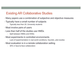 Existing AR Collaborative Studies
• Many papers use a combination of subjective and objective measures
• Typically have a small number of subjects
• Typically less than 20, University students
• Most involve pairs of users
• Less than half of the studies use HMDs
• Split between HMDs and HHDs
• Most experiments in controlled environments
• Lack of experimentation in real world conditions, heuristic, pilot studies
• Most evaluation is in a remote collaboration setting
• 30% in face-to-face collaboration
 