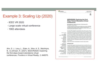 Example 3: Scaling Up (2020)
• IEEE VR 2020
• Large scale virtual conference
• 1965 attendees
Ahn, S. J., Levy, L., Eden, A., Won, A. S., MacIntyre,
B., & Johnsen, K. (2021). IEEEVR2020: Exploring
the first steps toward standalone virtual
conferences. Frontiers in Virtual Reality, 2, 648575.
 