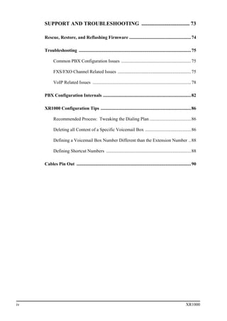 iv XR1000
SUPPORT AND TROUBLESHOOTING .................................... 73
Rescue, Restore, and Reflashing Firmware ......................................................74
Troubleshooting ..................................................................................................75
Common PBX Configuration Issues .............................................................75
FXS/FXO Channel Related Issues ................................................................75
VoIP Related Issues ......................................................................................78
PBX Configuration Internals .............................................................................82
XR1000 Configuration Tips ...............................................................................86
Recommended Process: Tweaking the Dialing Plan ....................................86
Deleting all Content of a Specific Voicemail Box ........................................86
Defining a Voicemail Box Number Different than the Extension Number ..88
Defining Shortcut Numbers ..........................................................................88
Cables Pin Out ....................................................................................................90
 