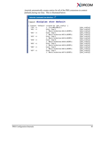 PBX Configuration Internals 85
Asterisk automatically creates entries for all of the PBX extensions in context
[default] during run time. This is illustrated below:
 
