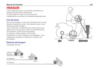 Manual do Condutor 143
Uso dos freios
Na hora da frenagem, o peso da motocicleta recai na roda
dianteira, fazendo com que o freio dianteiro seja o maior
responsável pela frenagem.
Use os dois freios simultaneamente. Mas quanto mais
rápido você tiver que parar, utilize mais intensamente o
freio dianteiro, porém de forma gradativa.
Em declives, utilize também o freio motor.
Importante: em pisos molhados e escorregadios, tome
cuidado para não deixar a roda travar, evitando uma
derrapagem.
Distância de frenagem
Velocidade: 50 km/h
FRENAGEM
Você é capaz de reduzir mais de 50% da distância de
parada se souber frear corretamente.
A motocicleta tem freios com acionamentos
independentes, que devem ser dosados adequadamente.
traseiro +
dianteiro
só dianteiro
18 m
24 m
35 m
só traseiro
ATRITO
 
