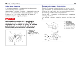 Manual do Proprietário 43
Suporte do Capacete
O suporte do capacete (1) está posicionado à esquerda,
abaixo da tampa lateral esquerda.
Para destravar o suporte, introduza a chave de ignição (2) e
gire-a no sentido anti-horário. Coloque o capacete no pino
do suporte (3). Para travar, gire a chave de ignição no
sentido horário. Em seguida, remova-a.
c
Este suporte foi projetado para a segurança do
capacete, durante o estacionamento. Não dirija a
motocicleta com o capacete no suporte. O capacete
poderá interferir no movimento da roda traseira,
resultando em perda de controle da motocicleta.
Compartimento para Documentos
O estojo (1) de documentos encontra-se no compartimento
para documentos (2), na parte interna do protetor esquerdo (3).
O Manual do Proprietário, bem como outros documentos,
devem ser guardados neste compartimento.
Quando lavar a motocicleta, tome cuidado para que a água
não atinja este local.
Para remover o protetor esquerdo, retire os parafusos (4) e
(5).
(1) Estojo para
documentos
(2) Compartimento
para documentos
(3) Protetor esquerdo
(4) Parafuso superior
(5) Parafuso inferior
(1) (2)
(5)
(3)
(4)
(3)
(1) Suporte do
capacete
(2) Chave de ignição
(3) Pino do suporte do
capacete
(1)
(2)
(3)
 