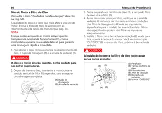 3. Retire os parafusos do filtro de óleo (3), a tampa do filtro
de óleo (4) e o filtro (5).
4. Antes de instalar um novo filtro, verifique se o anel de
vedação (6) da tampa do filtro está em boas condições.
Use filtro de óleo genuíno Honda, ou equivalente,
especificado para o modelo de sua motocicleta. Filtros
não especificados podem não filtrar as impurezas
adequadamente.
5. Instale o filtro com a borracha de vedação (7) virada para
fora, oposta à carcaça do motor. Você verá a inscrição
OUT-SIDE (8) no corpo do filtro, próxima à borracha de
vedação.
c
A instalação incorreta do filtro de óleo pode causar
sérios danos ao motor.
Manual do Proprietário
60
Óleo do Motor e Filtro de Óleo
(Consulte o item “Cuidados na Manutenção” descrito
na pág. 56).
A qualidade do óleo é o fator que mais afeta a vida útil do
motor. Efetue a troca de óleo de acordo com as
recomendações da tabela de manutenção (pág. 54).
NOTA
Troque o óleo enquanto o motor estiver quente
(temperatura normal de funcionamento), com a
motocicleta apoiada no cavalete lateral, para garantir
uma drenagem rápida e completa.
1. Para drenar o óleo, remova a tampa de abastecimento de
óleo, o bujão de drenagem (1) e a arruela de vedação (2).
c
O óleo e o motor estarão quentes. Tenha cuidado para
não sofrer queimaduras.
2. Depois de drenar o óleo, mantenha a motocicleta na
posição vertical de 10 a 15 segundos, para assegurar
uma drenagem completa.
(2) (1)
(1) Bujão de
drenagem
(2) Arruela de vedação
(5)
(8)
(6)
(7)
(4)
(3)
(3) Parafusos
(4) Tampa do filtro de
óleo
(5) Filtro de óleo
(6) Anel de vedação
(7) Borracha de
vedação
(8) Marca “OUTSIDE”
 