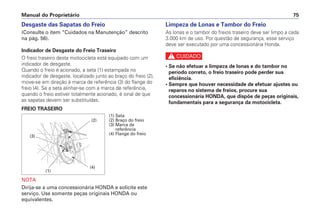 Manual do Proprietário 75
Desgaste das Sapatas do Freio
(Consulte o item “Cuidados na Manutenção” descrito
na pág. 56).
Indicador de Desgaste do Freio Traseiro
O freio traseiro desta motocicleta está equipado com um
indicador de desgaste.
Quando o freio é acionado, a seta (1) estampada no
indicador de desgaste, localizado junto ao braço do freio (2),
move-se em direção à marca de referência (3) do flange do
freio (4). Se a seta alinhar-se com a marca de referência,
quando o freio estiver totalmente acionado, é sinal de que
as sapatas devem ser substituídas.
FREIO TRASEIRO
NOTA
Dirija-se a uma concessionária HONDA e solicite este
serviço. Use somente peças originais HONDA ou
equivalentes.
Limpeza de Lonas e Tambor do Freio
As lonas e o tambor do freios traseiro deve ser limpo a cada
3.000 km de uso. Por questão de segurança, esse serviço
deve ser executado por uma concessionária Honda.
c
• Se não efetuar a limpeza de lonas e do tambor no
período correto, o freio traseiro pode perder sua
eficiência.
• Sempre que houver necessidade de efetuar ajustes ou
reparos no sistema de freios, procure sua
concessionária HONDA, que dispõe de peças originais,
fundamentais para a segurança da motocicleta.
(1) Seta
(2) Braço do freio
(3) Marca de
referência
(4) Flange do freio
(4)
(3)
(1)
(2)
 