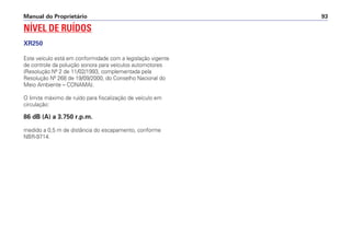 Manual do Proprietário 93
NÍVEL DE RUÍDOS
XR250
Este veículo está em conformidade com a legislação vigente
de controle da poluição sonora para veículos automotores
(Resolução Nº 2 de 11/02/1993, complementada pela
Resolução Nº 268 de 19/09/2000, do Conselho Nacional do
Meio Ambiente – CONAMA).
O limite máximo de ruído para fiscalização de veículo em
circulação:
86 dB (A) a 3.750 r.p.m.
medido a 0,5 m de distância do escapamento, conforme
NBR-9714.
 