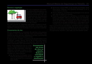 Manual Básico de Segurança no Trânsito 21
Árvores e vegetação
Árvores e vegetação nos cantei-
ros centrais de avenidas ou nas
calçadas podem esconder as
placas de sinalização. Por não
ver essas placas, os motoristas
podem ser induzidos a fazer
manobras que trazem perigo
de colisões entre veículos ou
de atropelamento de pedestres e de ciclistas.
Ao notar árvores ou vegetação que podem encobrir a sinali-
zação, redobre sua atenção, até reduzindo a velocidade, para
identificar restrições de circulação e com isso evitar acidentes.
Cruzamentos de vias
Em um cruzamento, a circulação de veículos e de pessoas
se altera a todo instante. Quanto mais movimentado, mais
conflito há entre veículos, pedestres e ciclistas, aumentando
os riscos de colisões e atropelamentos.
É muito comum, também, a presença de equipamentos como
“orelhões”, postes, lixeiras, banca de jornais e até mesmo
cavaletes com propaganda nas esquinas, reduzindo ainda
mais a percepção dos movimentos de pessoas e veículos.
Assim, ao se aproximar de um cruza-
mento, independentemente de existir
algum tipo de sinalização, Você deve
redobrar a atenção e reduzir a velo-
cidade do veículo. Lembre-se sempre
de algumas regras básicas:
 Se não houver sinalização, a pre-
ferência de passagem é do veículo
que se aproxima do cruzamento
pela direita;
 Se houver a placa PARE no seu sentido de direção, Você
deve parar, observar se é possível atravessar e só aí
movimentar o veículo;
 Numa rotatória, a preferência de passagem é do veículo
que nela já estiver circulando;
 Havendo sinalização por semáforo, o condutor deve
fazer a passagem sob a luz verde. Sob a luz amarela,
Você deve reduzir a marcha e parar. Sob a luz amarela,
Você só deve fazer a travessia se já tiver entrado no
cruzamento ou se essa condição for a mais segura para
impedir que o veículo que vem atrás colida com o seu.
Nos cruzamentos com semáforos, você deve observar apenas
o foco de luz que controla o tráfego da via em que você está e
aguardar o sinal verde antes de movimentar seu veículo, mes-
mo que outros veículos, a seu lado, se movimentem antes.
Cruzamentos
são áreas
de risco no
trânsito.
Reduza a
velocidade
e respeite a
sinalização!
 