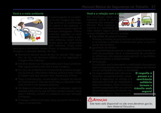 Manual Básico de Segurança no Trânsito 27
Este texto está disponível no site www.denatran.gov.br,
item Material Educativo.
Atenção
Você e o meio ambiente
A sujeira jogada na via públi-
ca ou nas margens das rodo-
vias estimula a proliferação
de insetos e de roedores, o
que favorece a transmissão de
doenças contagiosas. Outros
materiais jogados no meio
ambiente, como latas e gar-
rafas plásticas, levam muito
tempo para ser absorvidos
pela natureza. Custa muito
caro para a sociedade manter limpos os espaços públicos e
recuperar a natureza afetada. Por isso:
 Mantenha sempre sacos de lixo no veículo. Não jogue
lixo na via, nos terrenos baldios ou na vegetação à
margem das rodovias;
 Entulhos devem ser transportados para locais próprios.
Não jogue entulho nas vias e suas margens;
 Em caso de acidente com transporte de produtos perigo-
sos (químicos, inflamáveis, tóxicos), procure isolar a área
e impedir que eles atinjam rios, mananciais e flora;
 Faça a manutenção, conservação e limpeza do veículo
em local próprio. Não derrame óleo ou descarte mate-
riais na via e nos espaços públicos;
 Ao observar situações que agridem a natureza, sujam os
espaços públicos ou que também podem causar riscos
para o trânsito, solicite ou colabore com sua remoção
e limpeza;
 O espaço público é de todos, faça sua parte mantendo-o
limpo e conservado.
O respeito à
pessoa e a
convivência
solidária
tornam o
trânsito mais
seguro!
Você e a relação com o outro
Na introdução deste capítulo,
falamos sobre o relacio-
namento das pessoas no
trânsito. Para melhorar o
convívio e a qualidade de
vida, existem alguns princípios que de­vem ser a base das
nossas relações no trânsito, a saber:
 Dignidade da pessoa humana
Princípio universal do qual derivam os Direitos Humanos
e os valores e atitudes fundamentais para o convívio
social democrático.
 Igualdade de direitos
É a possibilidade de exercer a cidadania plenamente por
meio da eqüidade, isto é, a necessidade de considerar
as diferenças das pessoas para garantir a igualdade,
fundamentando a solidariedade.
 Participação
É o princípio que fundamenta a mobilização das pessoas
para se organizarem em torno dos problemas do trânsito
e suas conseqüências para a sociedade.
 Co-responsabilidade pela vida social
Valorizar comportamentos neces-
sários à segurança no trânsito e à
efetivação do direito de mobilidade a
todos os cidadãos. Tanto o Governo
quanto a população têm sua parcela
de contribuição para um trânsito me-
lhor e mais seguro. Faça sua parte.
!
 