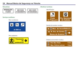 54 Manual Básico de Segurança no Trânsito
Atrativos turísticos
Serviços auxiliares
Para condutores
Educativas
Para pedestres
Distância de atrativo turístico
Sentido de atrativo turístico
Identificação
 