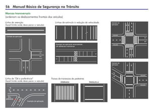 56 Manual Básico de Segurança no Trânsito
Marcas transversais
(ordenam os deslocamentos frontais dos veículos)
Linha de retenção
(local limite onde deve parar o veículo)
Linhas de estímulo à redução de velocidade
Linha de “Dê a preferência”
(local limite onde deve parar o veículo)
Faixas de travessias de pedestres
 