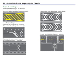 58 Manual Básico de Segurança no Trânsito
Marcas de canalização
(direcionam a circulação de veículos)
Separação de fluxo de tráfego de sentidos opostos
Exemplos de aplicação
Ordenação de movimentos em trevos com
alças e faixas de aceleração/desaceleração
Ordenação de movimentos em retornos
com faixa adicional para o movimento
Ilhas de canalização e refúgio para pedestres
Separação de fluxo de tráfego do mesmo sentido
 