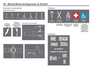 62 Manual Básico de Segurança no Trânsito
Símbolos
Legendas
(cruzamento
rodoferroviário)
(via, pista ou faixa
de trânsito de uso
de ciclistas)
(área/local
de serviços
de saúde)
(local de
estacionamento
de veículos que
transportam ou
sejam conduzidos
por pessoas
portadoras de
deficiência física)
Inscrições no pavimento
Setas direcionais
Indicativo
de mudança
obrigatória de
faixa
Indicativo de
movimento
em curva (uso em
situação de curva
acentuada)
Exemplos de aplicação
 