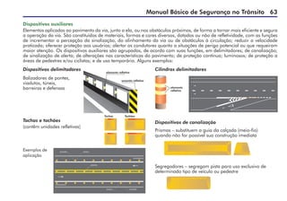 Manual Básico de Segurança no Trânsito 63
Dispositivos auxiliares
Elementos aplicados ao pavimento da via, junto a ela, ou nos obstáculos próximos, de forma a tornar mais eficiente e segura
a operação da via. São constituídos de materiais, formas e cores diversos, dotados ou não de refletividade, com as funções
de incrementar a percepção da sinalização, do alinhamento da via ou de obstáculos à circulação; reduzir a velocidade
praticada; oferecer proteção aos usuários; alertar os condutores quanto a situações de perigo potencial ou que requeiram
maior atenção. Os dispositivos auxiliares são agrupados, de acordo com suas funções, em delimitadores; de canalização;
de sinalização de alerta; de alterações nas características do pavimento; de proteção contínua; luminosos; de proteção a
áreas de pedestres e/ou ciclistas; e de uso temporário. Alguns exemplos:
Tachas e tachões
(contêm unidades refletivas)
Dispositivos delimitadores
Balizadores de pontes,
viadutos, túneis,
barreiras e defensas
elemento refletivo
amarelo refletivo
Exemplos de
aplicação
Cilindros delimitadores
Segregadores – segregam pista para uso exclusivo de
determinado tipo de veículo ou pedestre
Dispositivos de canalização
Prismas – substituem a guia da calçada (meio-fio)
quando não for possível sua construção imediata
elemento
refletivo
Tachas Tachões
 
