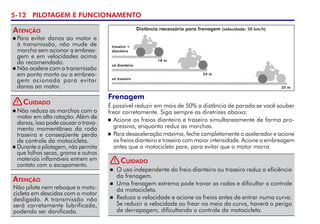 5-12 PILOTAGEM E FUNCIONAMENTO
 Para evitar danos ao motor e
à transmissão, não mude de
marcha sem acionar a em­brea­
gem e em velocidades acima
do recomendado.
 Não acelere com a transmissão
em ponto morto ou a embrea­
gem acionada para evitar
danos ao motor.
Atenção
Não pilote nem reboque a moto-
cicleta em descidas com o motor
desligado. A transmissão não
será corretamente lubrifi­cada,
podendo ser danificada.
Atenção
 Não reduza as marchas com o
motor em alta rotação. Além de
danos, isso pode causar o trava­
mento momentâneo da roda
traseira e conseqüente perda
de controle da motocicleta.
 Durante a pilotagem, não permi­ta
que folhas secas, grama e outros
materiais inflamáveis entrem em
contato com o escapamento.
Cuidado
Frenagem
É possível reduzir em mais de 50% a distância de parada se você souber
frear corretamente. Siga sempre as diretrizes abaixo:
 Acione os freios dianteiro e traseiro simultaneamente de forma pro-
gressiva, enquanto reduz as marchas.
 Para desaceleração máxima, feche completamente o acelerador e acione
os freios dianteiro e traseiro com maior intensidade. Acione a embreagem
antes que a motocicleta pare, para evitar que o motor morra.
Distância necessária para frenagem (velocidade: 50 km/h)
traseiro +
dianteiro
só dianteiro
só traseiro
18 m
24 m
35 m
 O uso independente do freio dianteiro ou traseiro reduz a eficiên­cia
da frenagem.
 Uma frenagem extrema pode travar as rodas e dificultar o controle
da motocicleta.
 Reduza a velocidade e acione os freios antes de entrar numa curva.
Se reduzir a velocidade ou frear no meio da curva, haverá o perigo
de derrapagem, dificultando o controle da motocicleta.
Cuidado
!
!
 