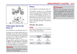 MANUTENÇÃO E AJUSTES 6-21
Interruptor da luz do
freio (1)
Leia Cuidados na manutenção, pág. 6-4.
Localiza-se no lado direito da mo-
tocicleta, atrás do motor. Verifique
o funcionamento do interruptor de
acordo com o Plano de Manuten-
ção Preventiva (pág. 6-1).
Para ajustá-lo, gire a porca de ajus-
te (2) na direção A para adiantar
o ponto em que a luz se acende e
na direção B para retardá-lo.
2
1
Gire a porca de ajuste e não o
corpo do interruptor.
ATENÇÃO
Pneus
Leia Cuidados na manutenção, pág. 6-4.
A pressão correta e as condições
dos pneus são fundamentais para
maior estabilidade, conforto, se-
gurança e durabilidade dos pneus.
Inspecione os pneus e aros, e ajus-
te a pressão de acordo com o
Plano de Manutenção Preventiva
(pág. 6-1).
kPa (kgf/cm2
; psi)
Somente Piloto e
piloto passageiro
Dianteiro
150 150
(1,50;22) (1,50;22)
Traseiro
150 200
(1,50;22) (2,00;29)
NOTA
Verifique a pressão com os pneus
frios, antes de pilotar.
Pressão dos pneus
B
A
Pneus com pressão incorreta
sofrem desgaste anormal e po-
dem deslizar e sair dos aros,
danificando a válvula da câma-
ra de ar e afetando a seguran-
ça.
CUIDADO
!
 