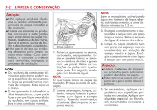 7-2 LIMPEZA E CONSERVAÇÃO
n Não aplique produtos alcali-
nos ou ácidos, altamente pre-
judiciais às peças zincadas e
de alumínio.
n Nunca use solventes ou produ-
tos abrasivos e detergentes
para evitar danos às peças me-
tálicas, plásticas e de borracha,
danos à pintura, perda de bri-
lho e descoloração, e oxidação.
n Não use lã de aço ou produ-
tos abrasivos para limpar os
raios e/ou rodas. Caso con-
trário, a camada protetora
será removida, iniciando o
processo de oxidação.
ATENÇÃO
NOTA
Lave a motocicleta pulverizando
água em formato de leque aber-
to, sob baixa pressão, a uma dis-
tância mínima de 1,2 m.
2. Lave a carenagem, tanque, as-
sento, tampas laterais e pára-
lamas com água e xampu
neutro, fazendo movimentos
circulares. Use um pano ou es-
ponja macia.
NOTA
O querosene ataca as peças de
borracha. Proteja-as antes da apli-
cação.
1. Pulverize querosene no motor,
carburador, escapamento, ro-
das e cavalete lateral, e remo-
va os resíduos de óleo e graxa
com um pincel. Retire incrus-
trações de piche com quero-
sene puro. Em seguida, enxá-
güe com bastante água.
3. Enxágüe completamente a mo-
tocicleta e seque com um pano
limpo e macio. Retire o excesso
de água do interior dos cabos.
4. Limpe as peças plásticas com
um pano ou esponja macios
umedecidos em solução de
xampu neutro e água. Enxá-
güe completamente com água
e seque com um pano macio.
5. Se necessário, aplique cera
protetora nas superfícies pin-
tadas e cromadas. Aplique com
algodão especial ou flanela,
em movimentos circulares e
uniformes.
NOTA
n Os resíduos da combustão eli-
minados pelo dreno podem su-
jar a superfície do escapamen-
to. Siga os procedimentos nor-
mais de limpeza. Não obstrua
o dreno.
n O escapamento é submetido a
altas temperaturas, o que pode
fazer com que fique amarelado
ou azulado, em casos críticos.
Esta é uma condição normal.
Dreno do escapamento
(Limpe a sujeira.)
n Outros materiais de limpeza
ou produtos para polimento
podem danificar as peças.
n Não remova a poeira com um
pano seco para evitar danos à
pintura.
ATENÇÃO
 